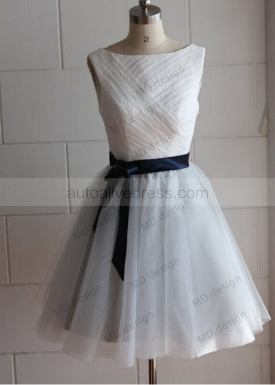 Boat Neckline Ivory Lace Gray Tulle Navy Blue Sash Bridesmaid Dress